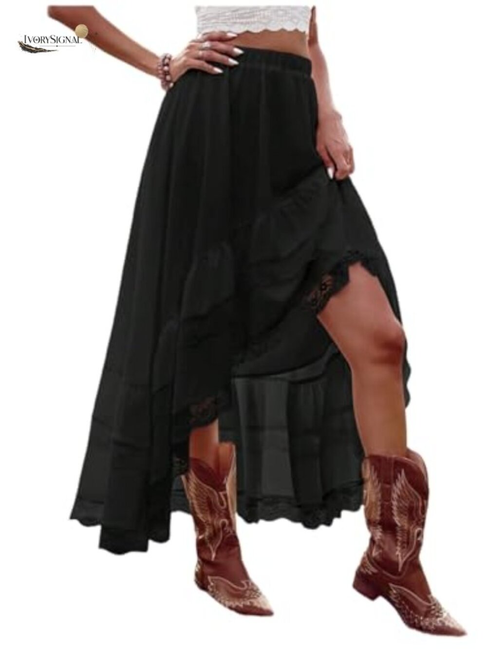 Boho Maxi Skirt High Low Asymmetrical Lace Ruffle Hem High Waisted
